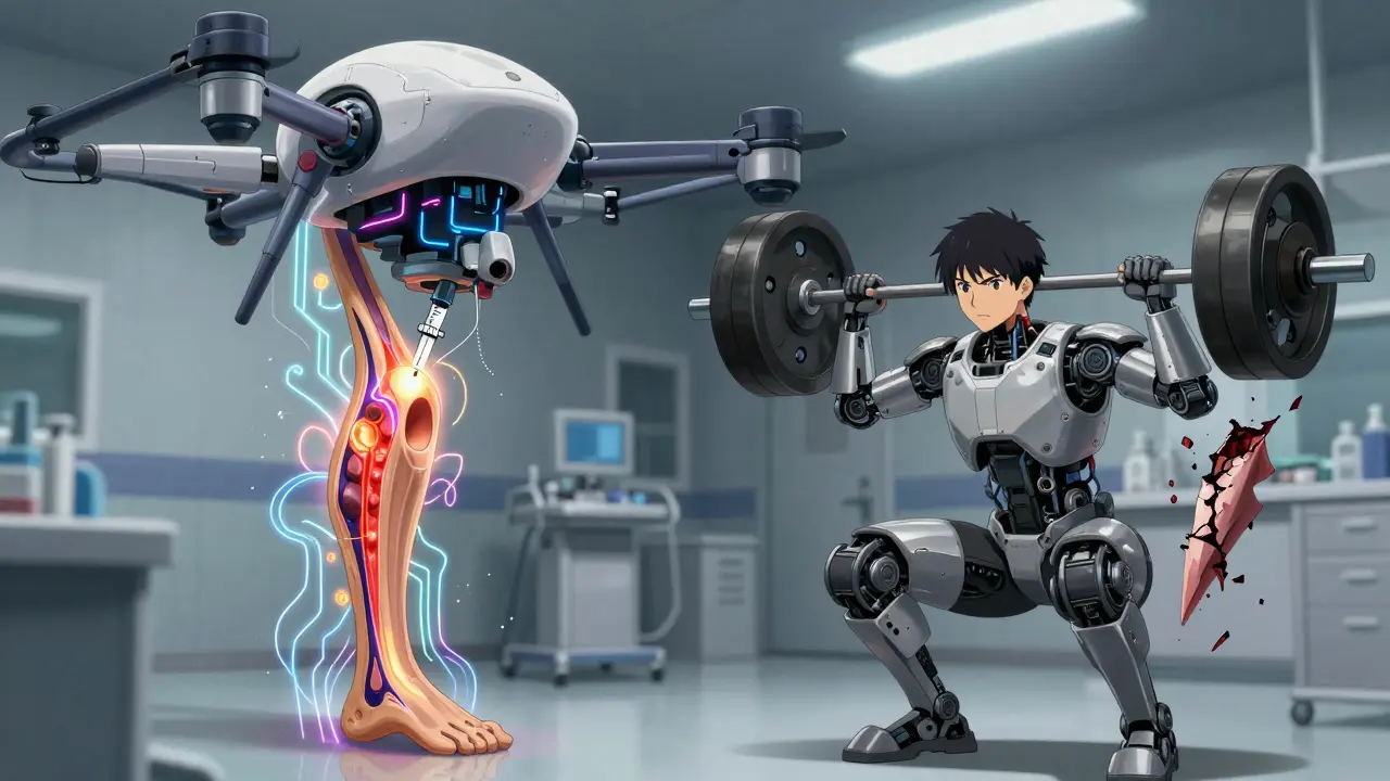 Medical drone injecting PRP into tendon while patient trains with exoskeleton, damaged tendon shatters in background.