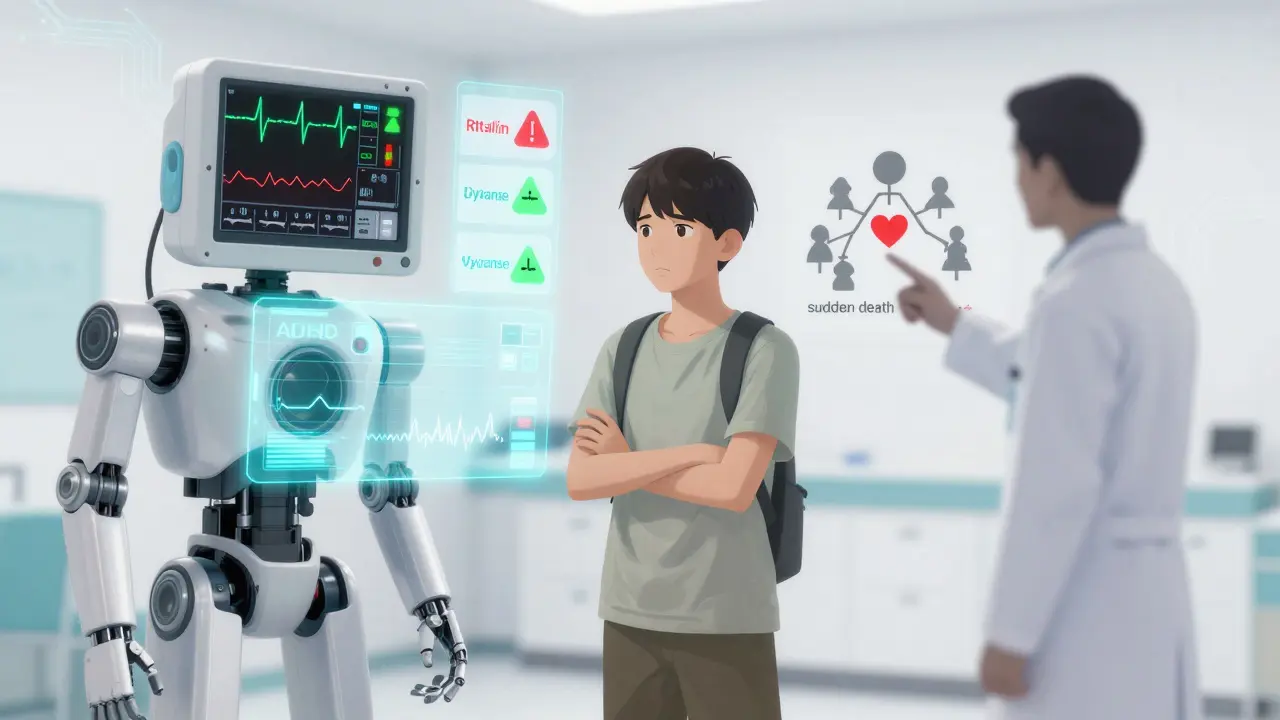 Medical hologram displaying ADHD medication data and family heart history, patient and doctor in clinic, anime real robot style.