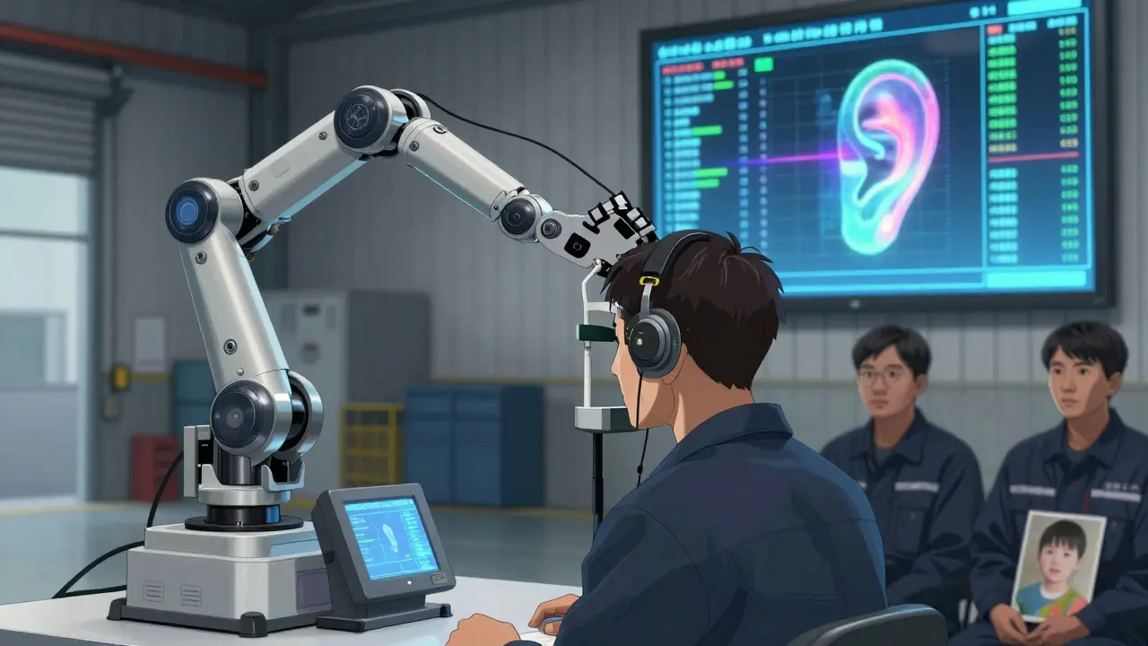 Mobile audiometric unit testing a worker’s hearing with digital data visualization in background