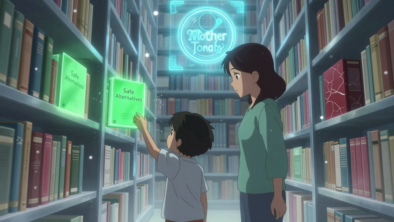 Mother and child in a digital library of pregnancy-safe medications with glowing books.