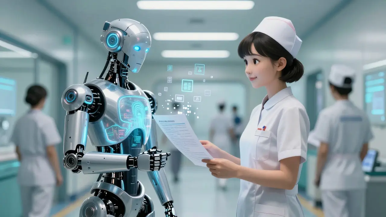 Nurse receiving a care plan from a sleek AI assistant amid dissolving paperwork.