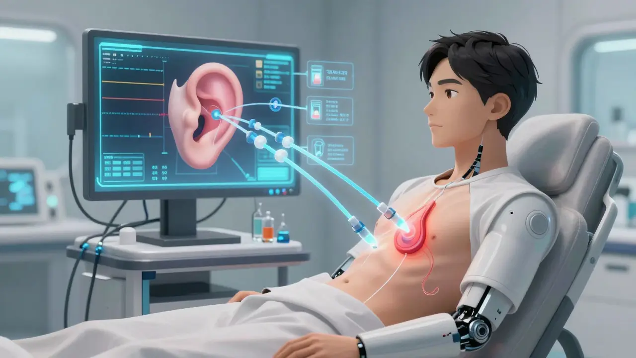 Patient in a clinic with holographic inner ear model showing three treatment streams reducing fluid pressure.