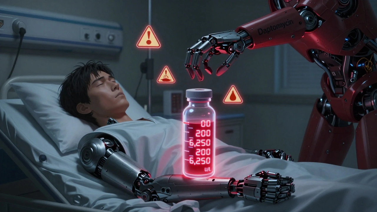 Patient in hospital bed with floating CK blood test readings escalating to dangerous levels.