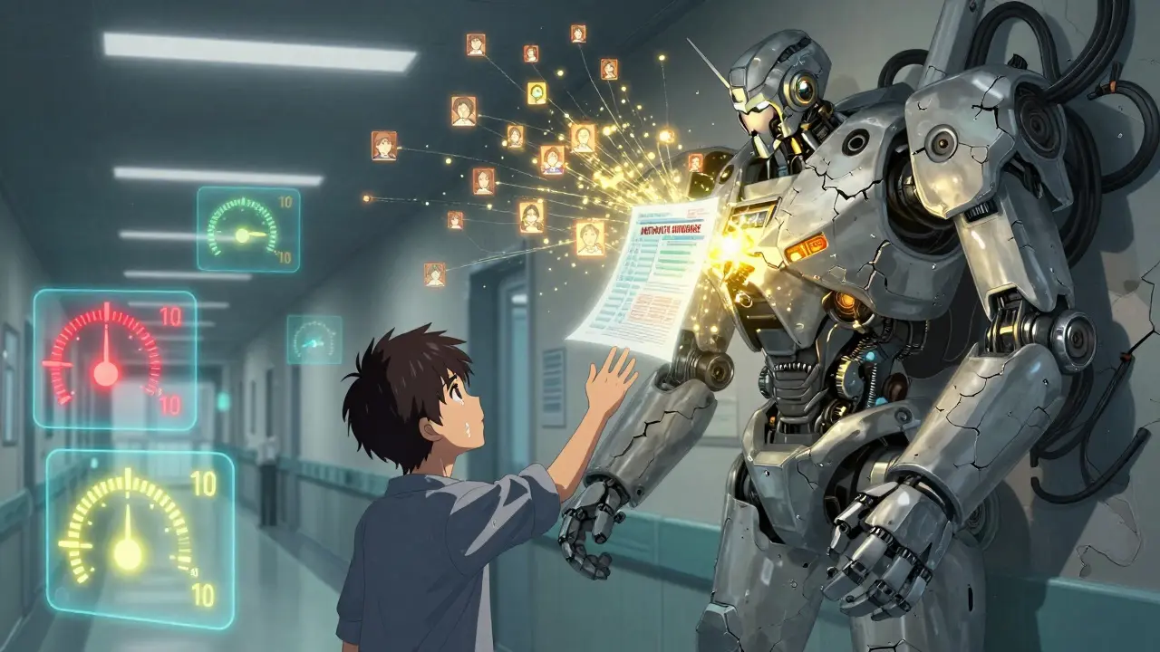 Patient touching a giant robotic database hand surrounded by floating health gauges.