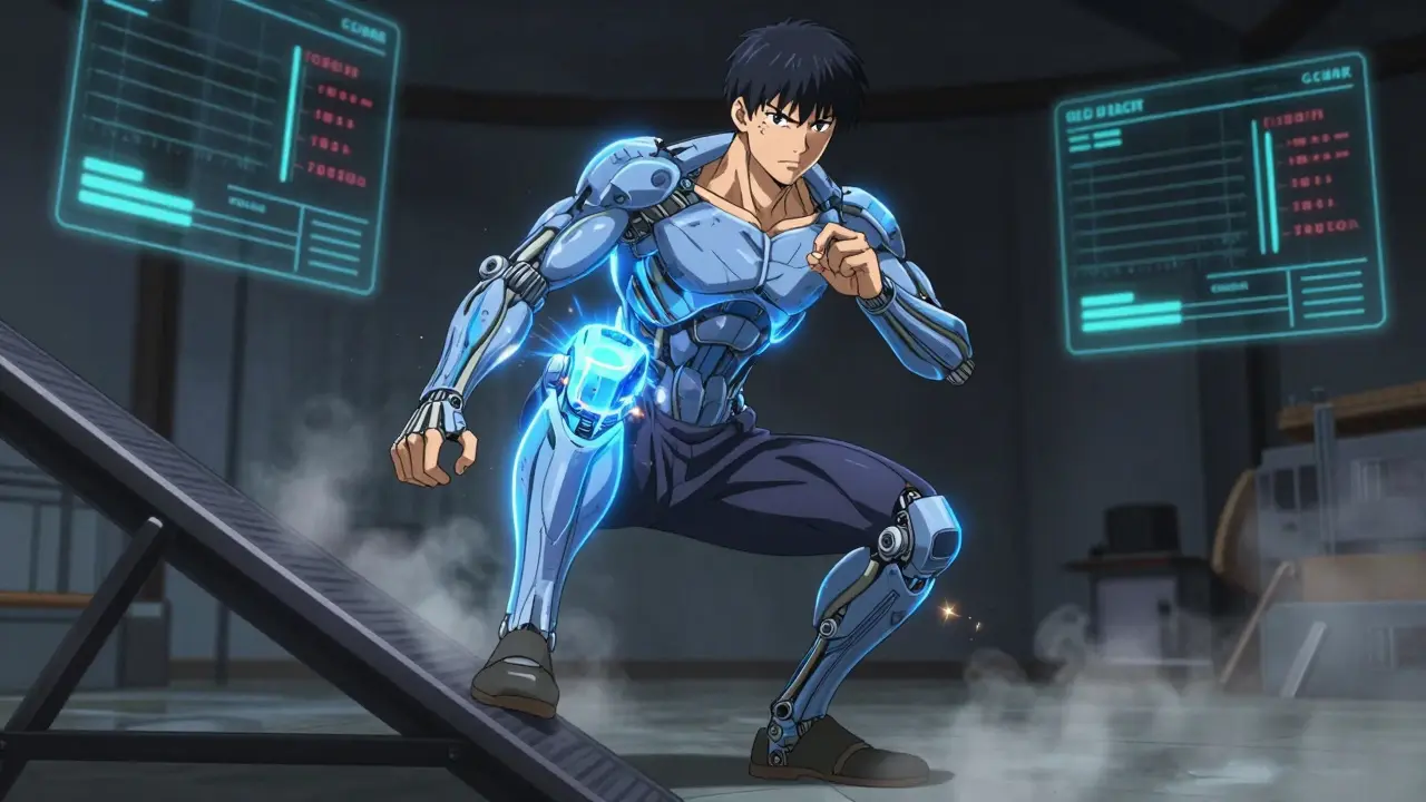 Person doing decline squat with glowing isometric knee contractions and healing tendon nanobots.