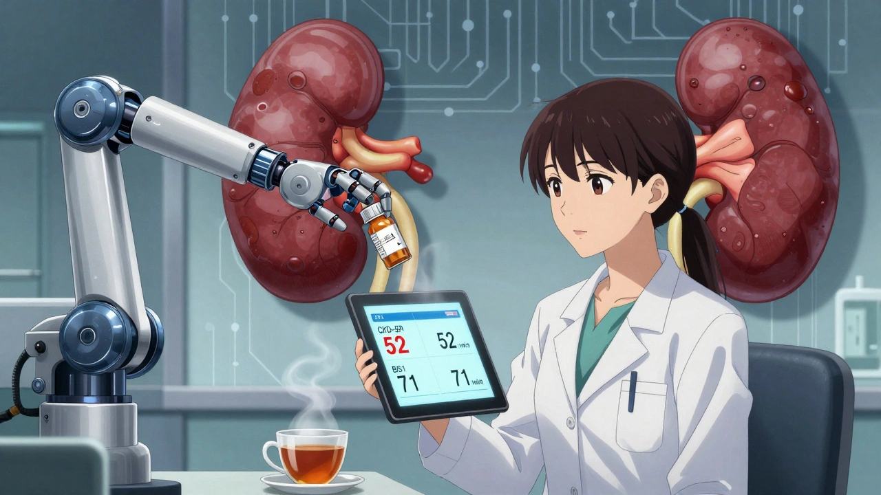 Pharmacist comparing conflicting kidney function readings on a tablet with a robotic pill dispenser.