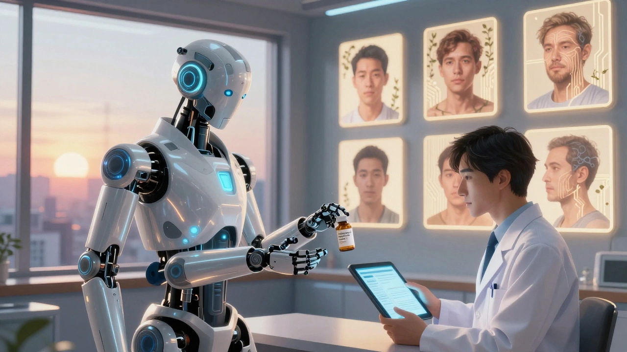 Pharmacist sends medication summary while robot discards unnecessary pill, sunrise symbolizing renewed health.