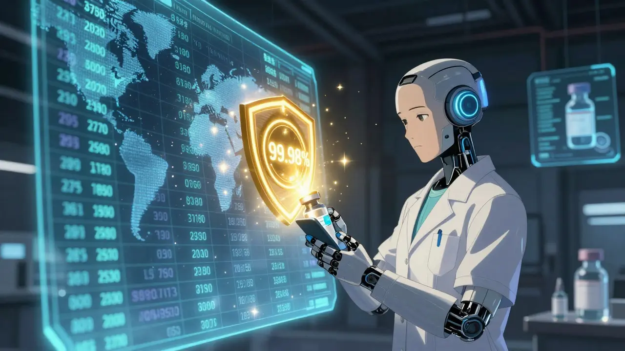 Pharmacist tapping phone on bottle, golden NFC shield glowing with verification icon and blockchain data behind.