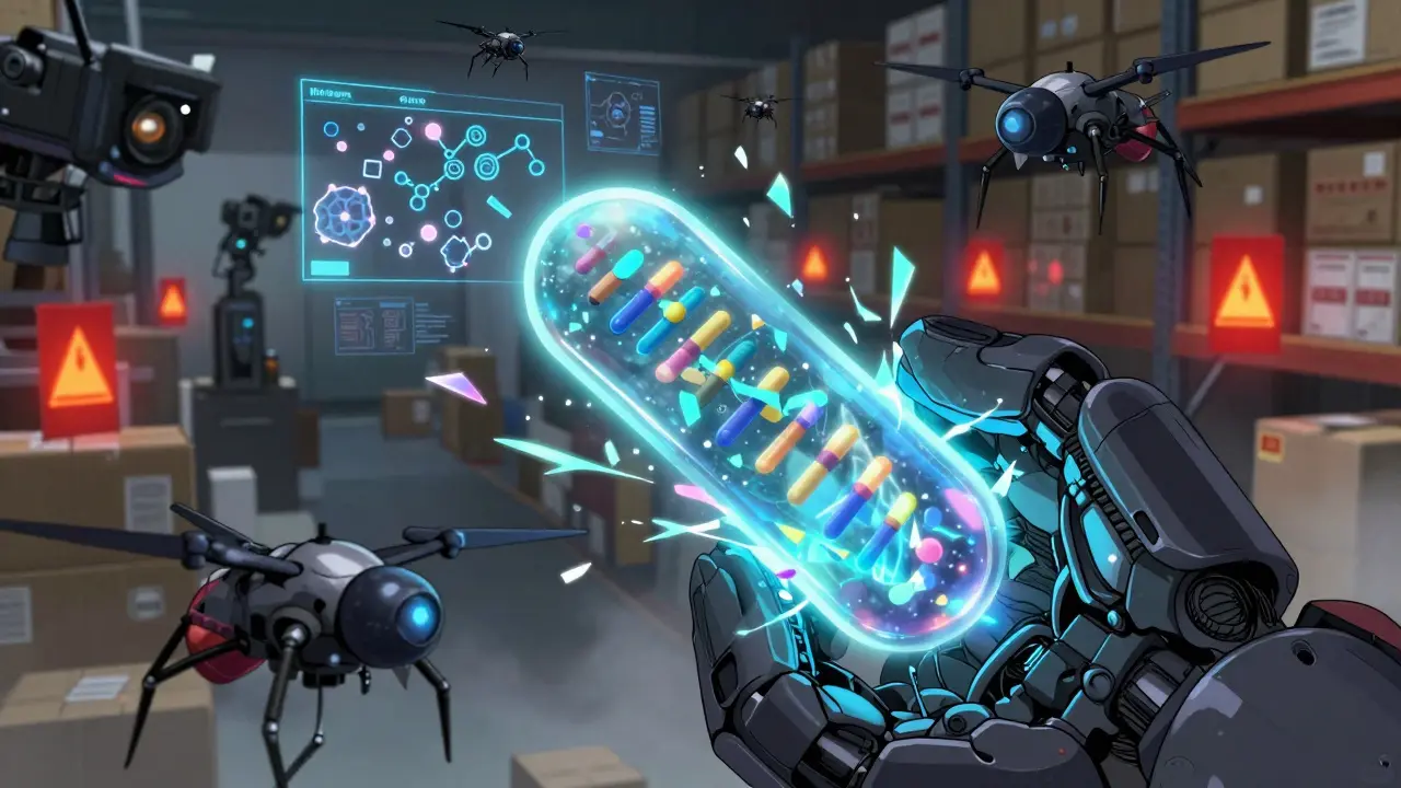 Pill with invisible DNA markers revealed under UV light, surrounded by forensic drones and AI scanning systems.