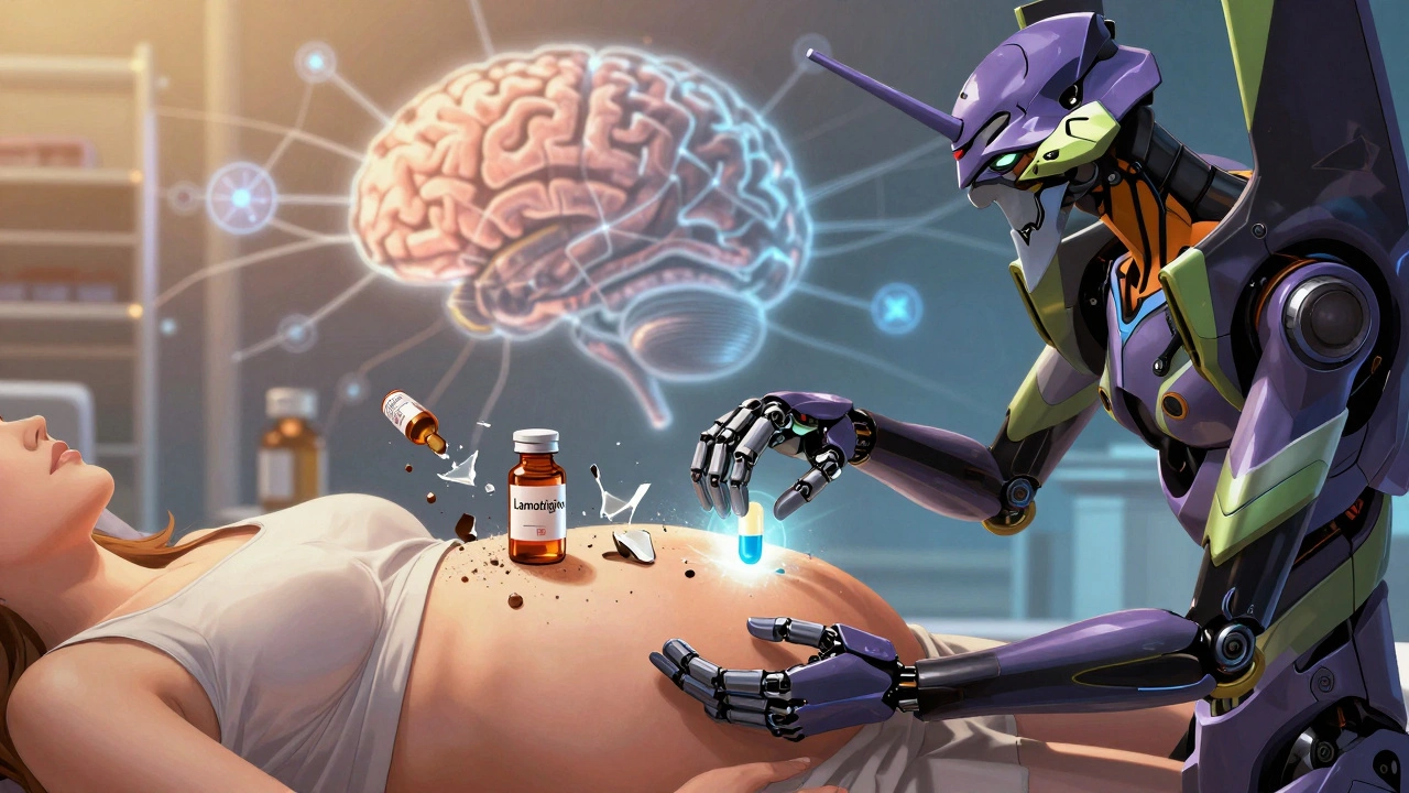 Robotic arm offering a safe epilepsy medication while dangerous drugs disintegrate behind her.