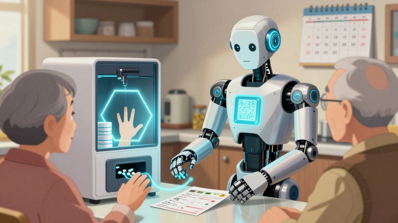 Robotic pharmacist visits an elderly couple, printing a medication plan while safely disposing of expired pills.