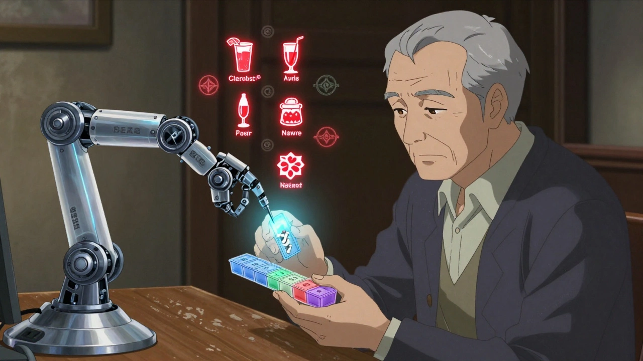 Senior using a color-coded pill organizer as a robotic scanner detects dangerous drug interactions.