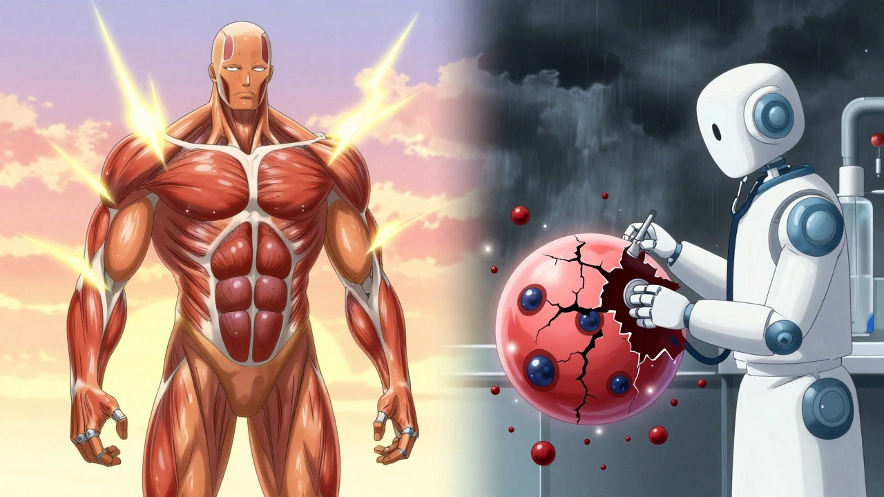 Side-by-side comparison of healthy vs. damaged muscle cells under daptomycin attack.