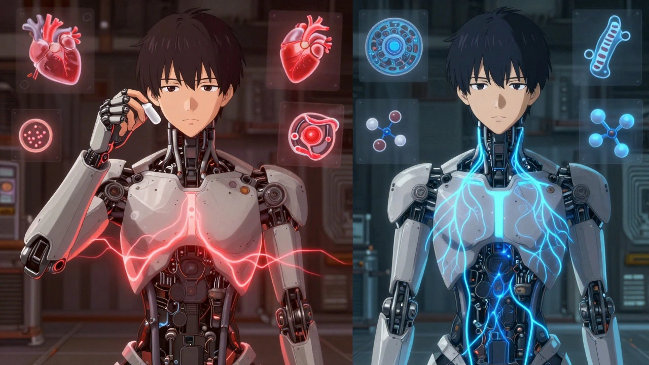 Split scene: young adult on stimulant with red energy waves vs. on non-stimulant with calm blue neural currents.