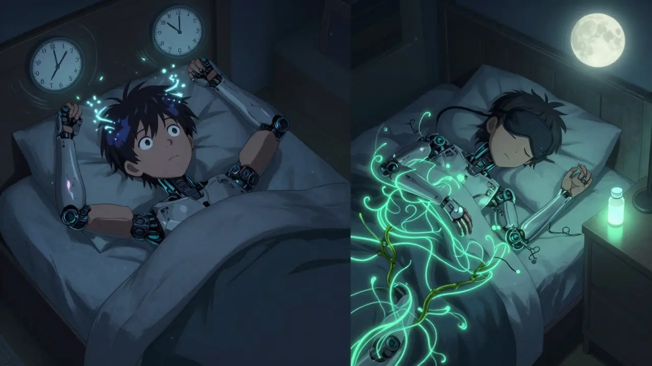 Teen sleeping peacefully with melatonin vial and calming green aura, contrasted with earlier sleepless night of stimulant effects, anime style.