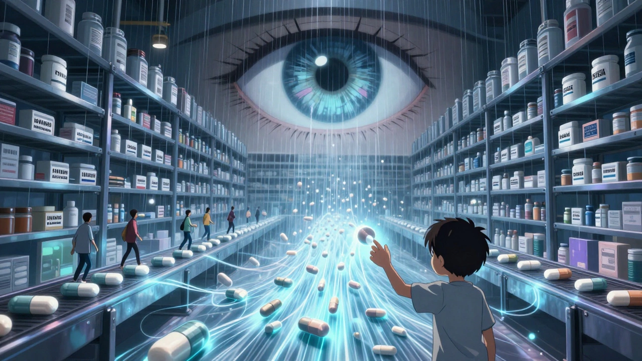Thousands of generic pills fall like rain in a high-tech warehouse, with glowing life threads connecting them to patients.