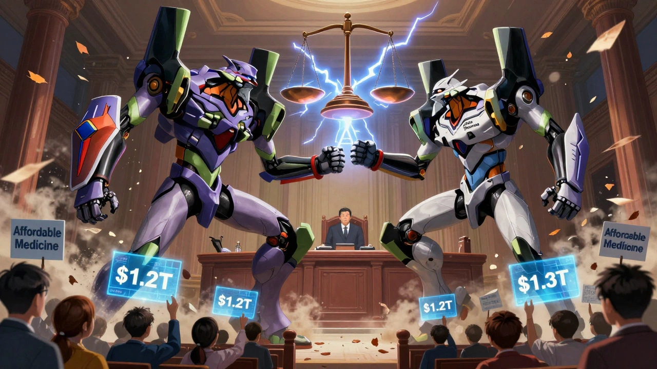 Two colossal robots battle in a courtroom arena, symbolizing generic vs. brand drug competition under a glowing FDA scale.