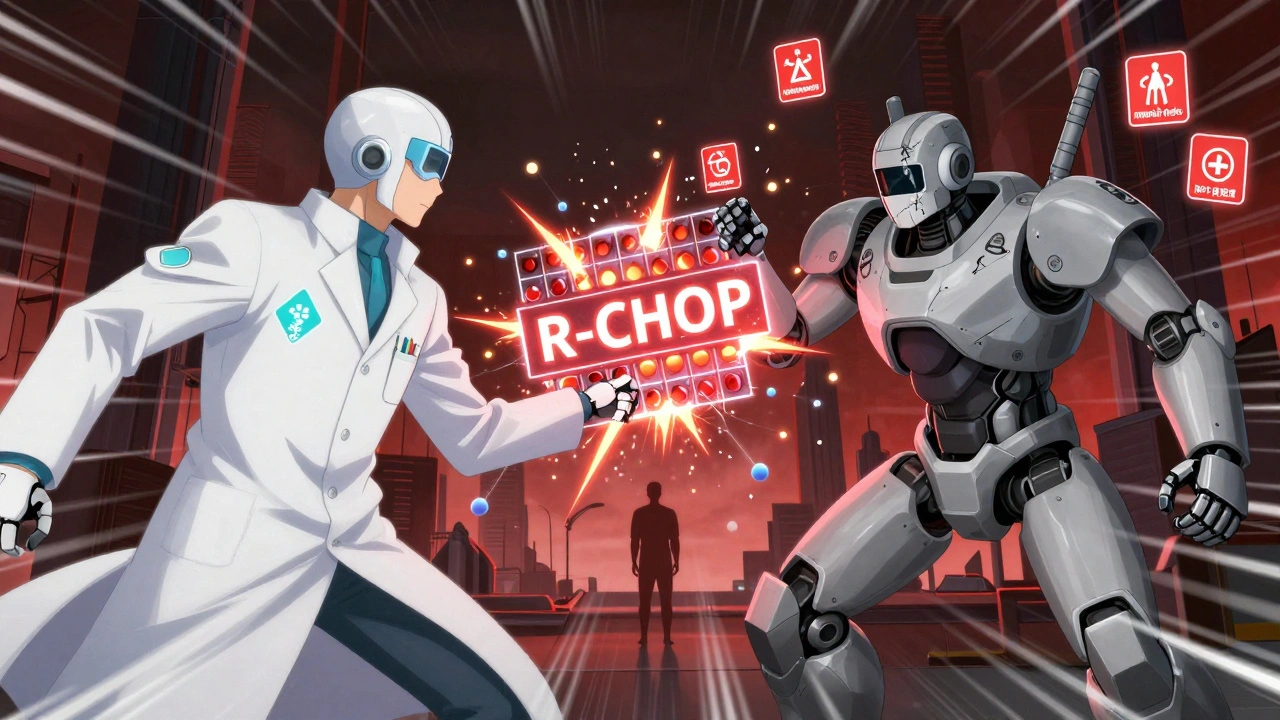 Two robotic pharmacists battle over a floating R-CHOP drug matrix, with biologic bonds breaking and warning icons surrounding a patient.