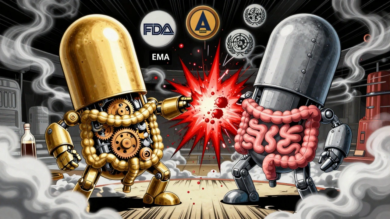 Two robotic pill forms battling in a gut arena, one branded, one generic, with alcohol fumes causing an explosive release.
