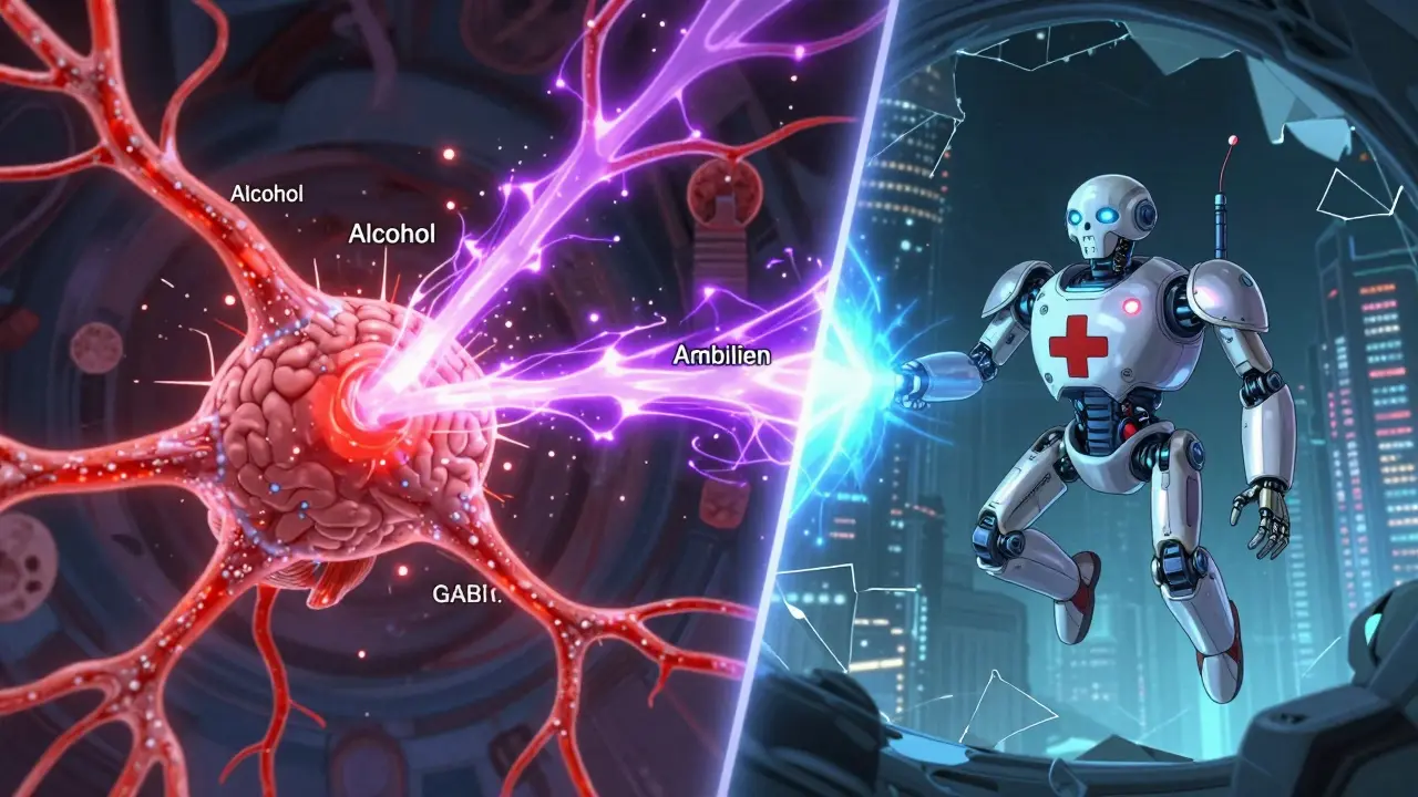 A battle inside a human brain between alcohol and sleep medication energy waves overwhelming neurons.