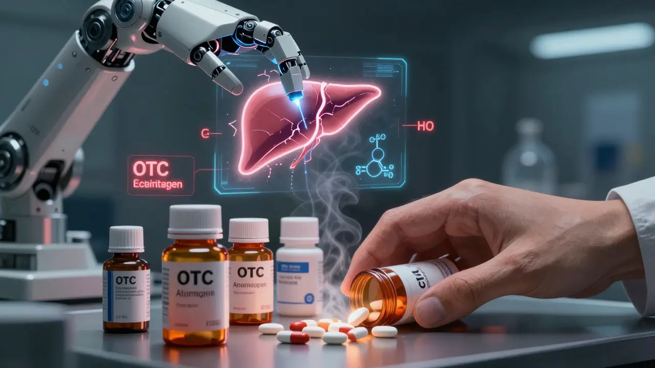 A hand placing OTC pills on a table as digital overlays reveal toxic interactions and a damaged liver hologram.