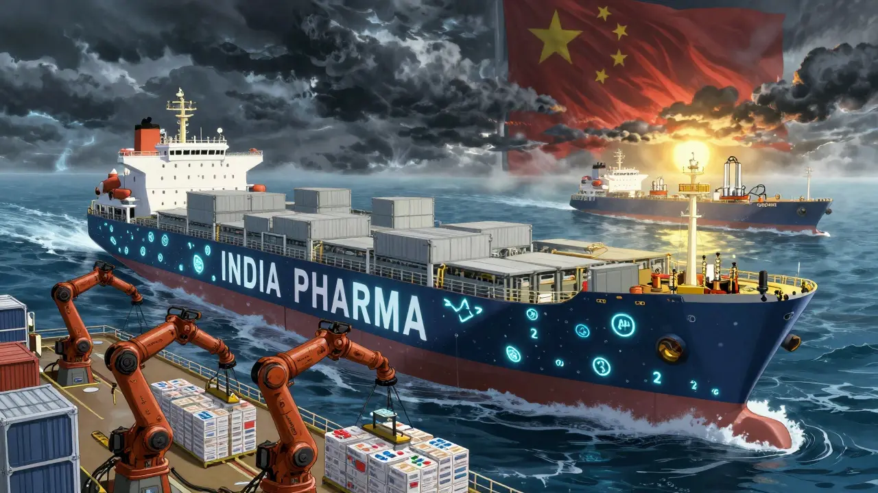 A massive cargo ship labeled 'INDIA PHARMA' sails with robotic cranes loading APIs, while a new investment ship rises from stormy seas.