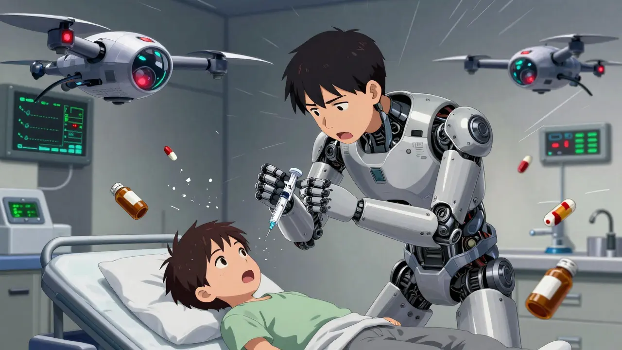 A parent using a dosing syringe beside a child on a medical bed, with robotic drones monitoring vital signs.