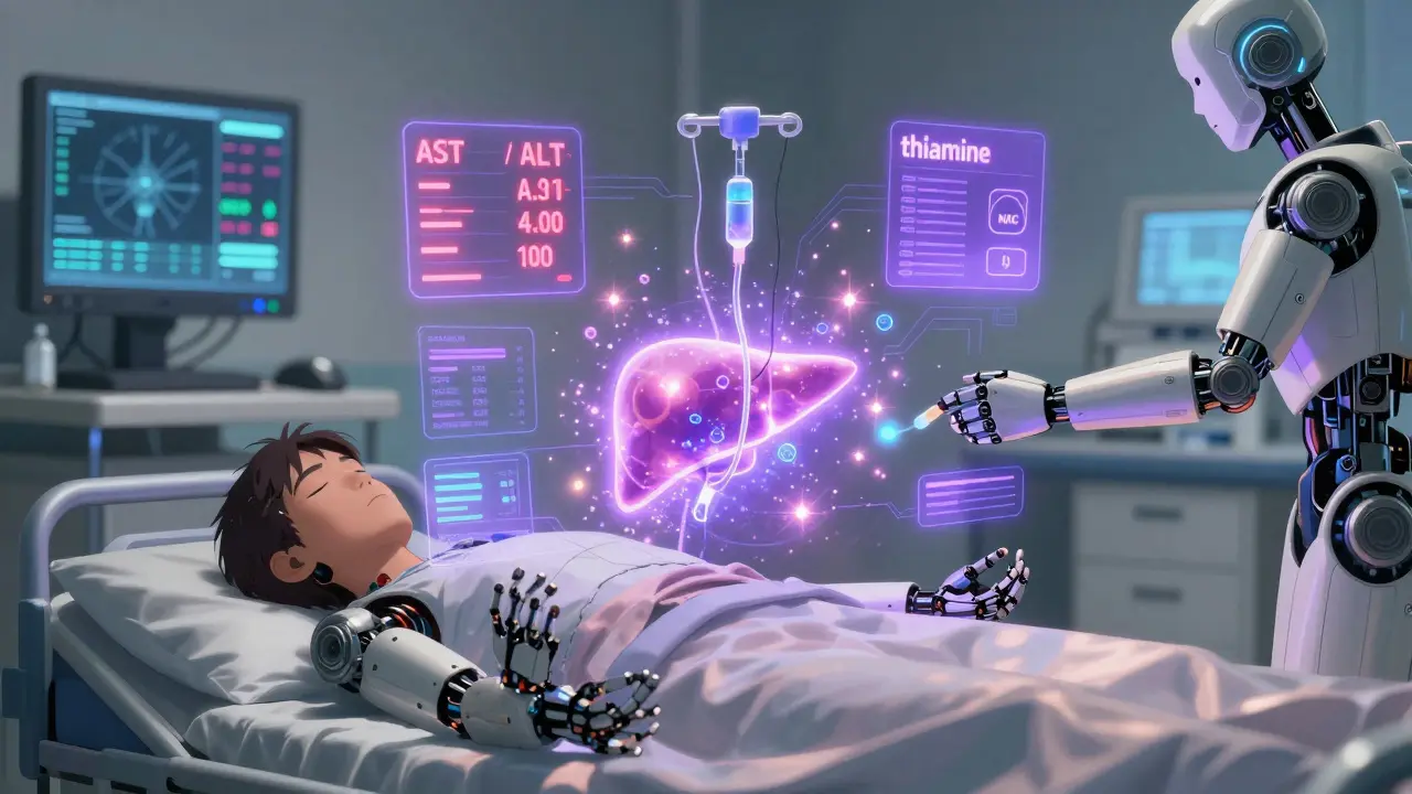 A patient in a hospital surrounded by glowing health indicators and robotic medical systems during detox.