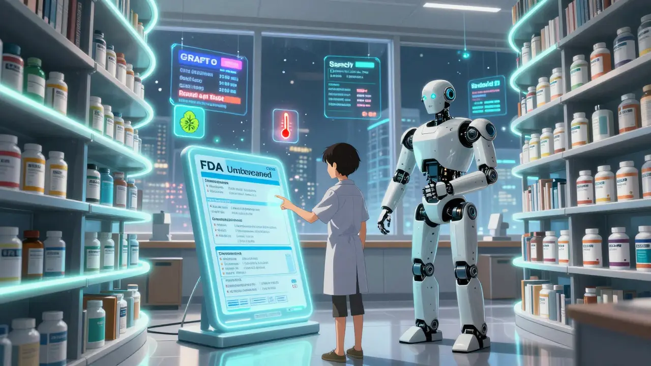 A patient interacts with a holographic FDA drug label on a futuristic terminal, surrounded by health alert icons in a digital library.