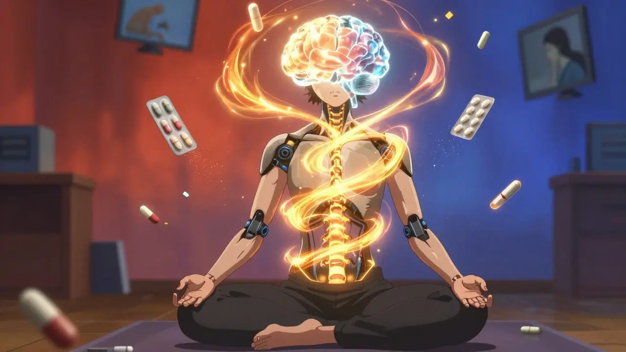 A person meditating as golden breath energy flows into their brain, dissolving images of pills and poor posture.