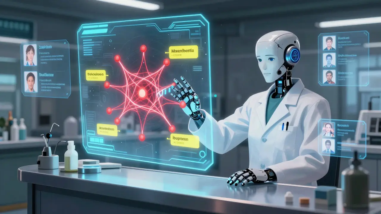 A pharmacist blocks a dangerous drug combination using a holographic neural network display of medication interactions.