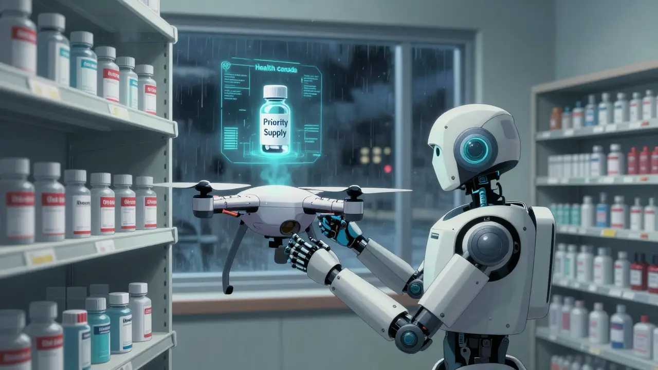 A quiet Canadian pharmacy with a drone restocking priority inhalers during a supply crisis.