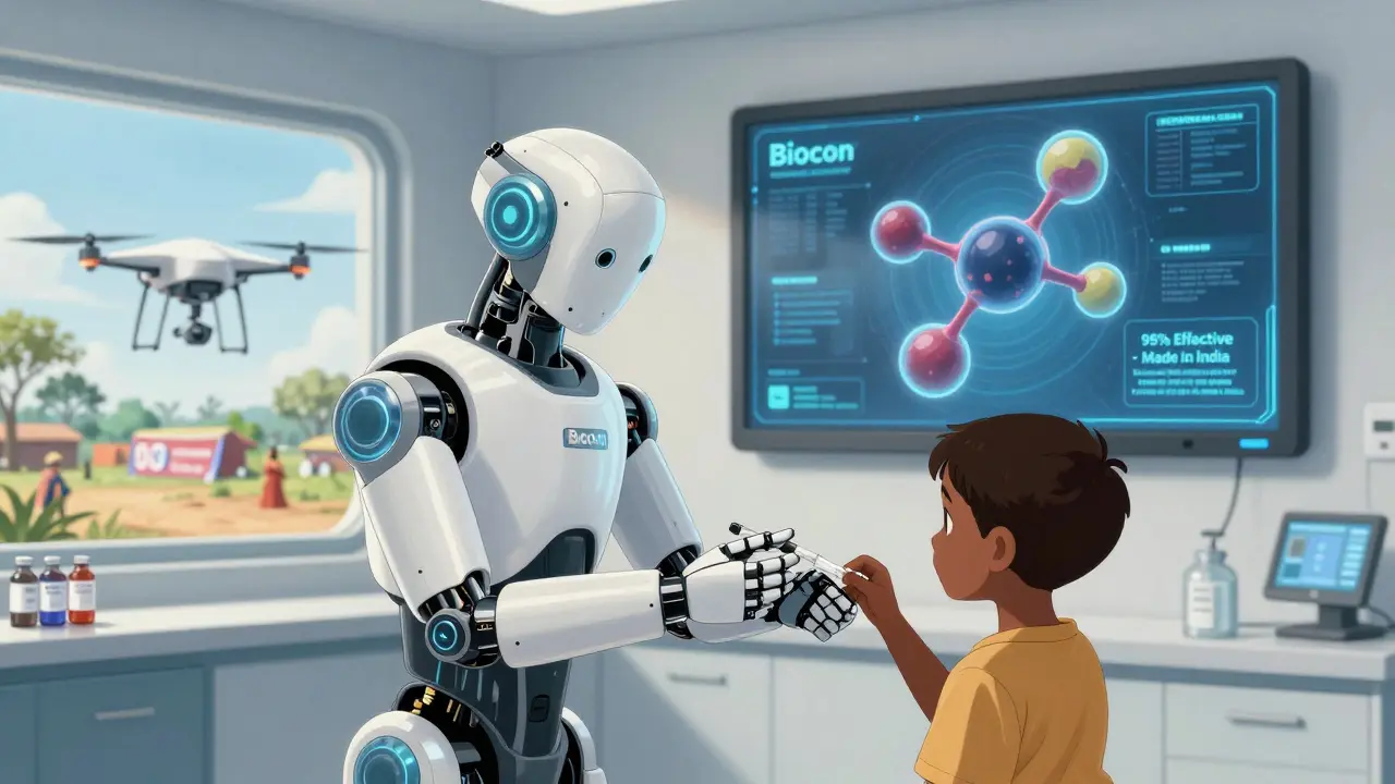 A robot administers medicine to a child in Africa, with a biosimilar drug model displayed behind them and drones delivering supplies.