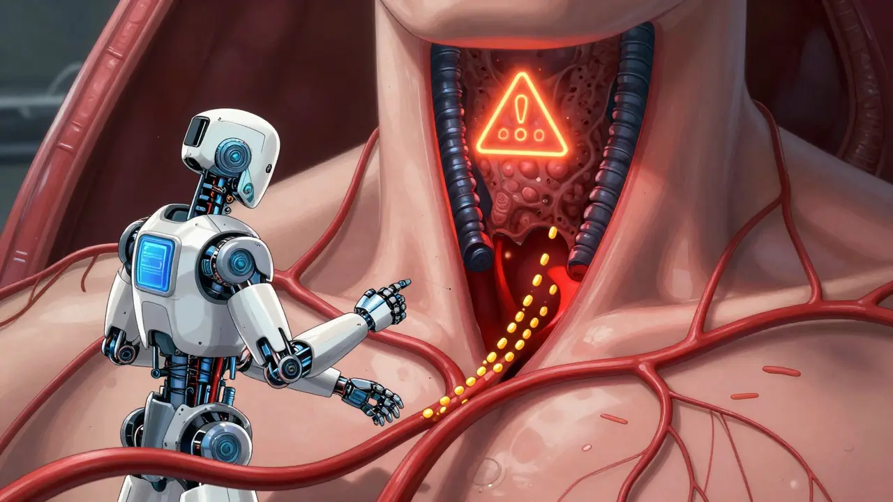 A robotic medic travels through blood vessels, with golden drug particles flowing smoothly except near the thyroid where one flickers dangerously.