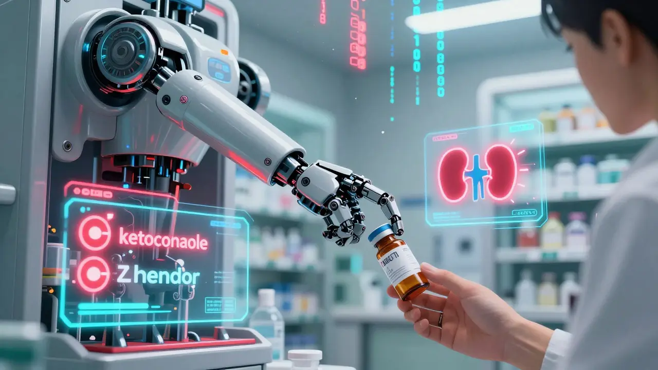 A robotic pharmacist's arm delivers a pill bottle as digital warnings for drug interactions float around it in a high-tech pharmacy.