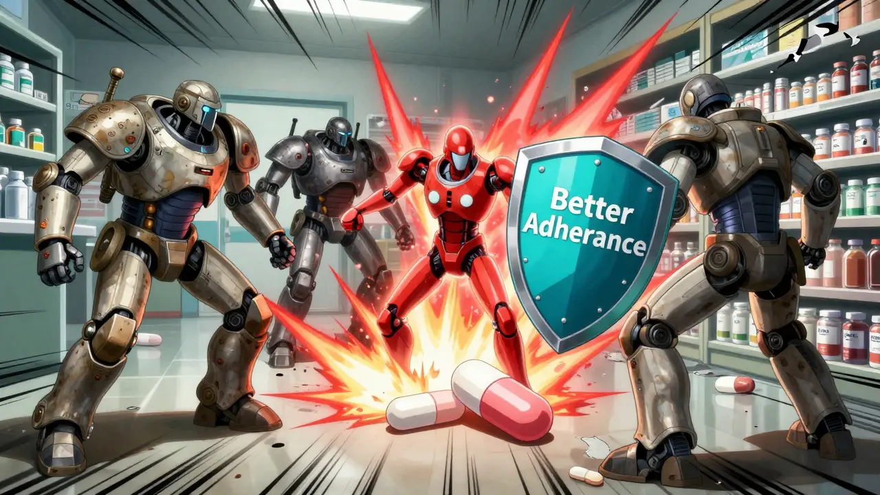 A single combo pill defeats three separate blood pressure pills in a stylized robotic battle.