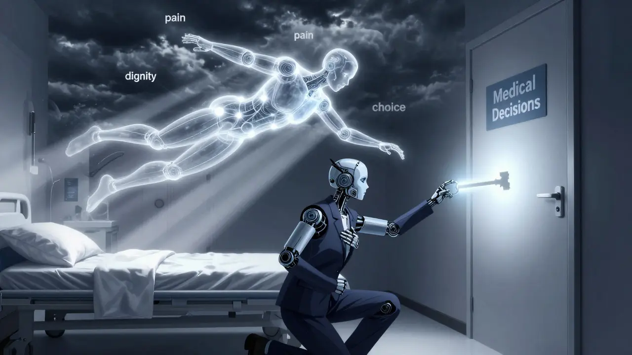 A transparent patient figure hovers above a bed as a robotic proxy extends a light-key toward a locked door labeled 'Medical Decisions'.