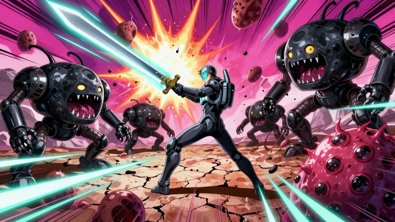 A warrior fighting acne monsters on skin terrain, wielding a retinoid sword amid explosions of clear skin.