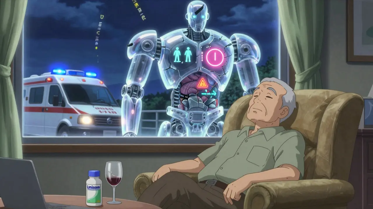An elderly man beside alcohol and sleep pills, guarded by a robotic figure with warning icons.