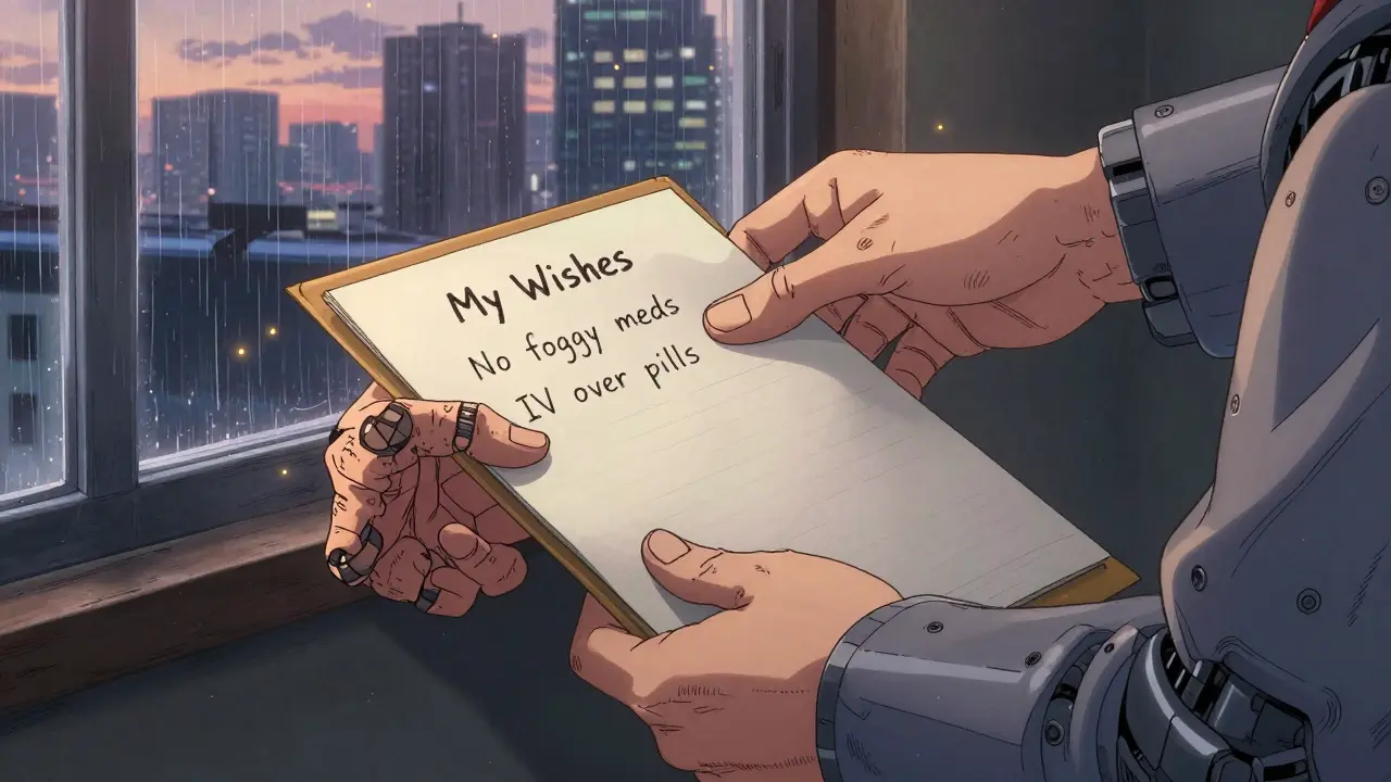 An elderly person's handwritten medication wishes are placed into a medical file, rain streaking the window behind them.