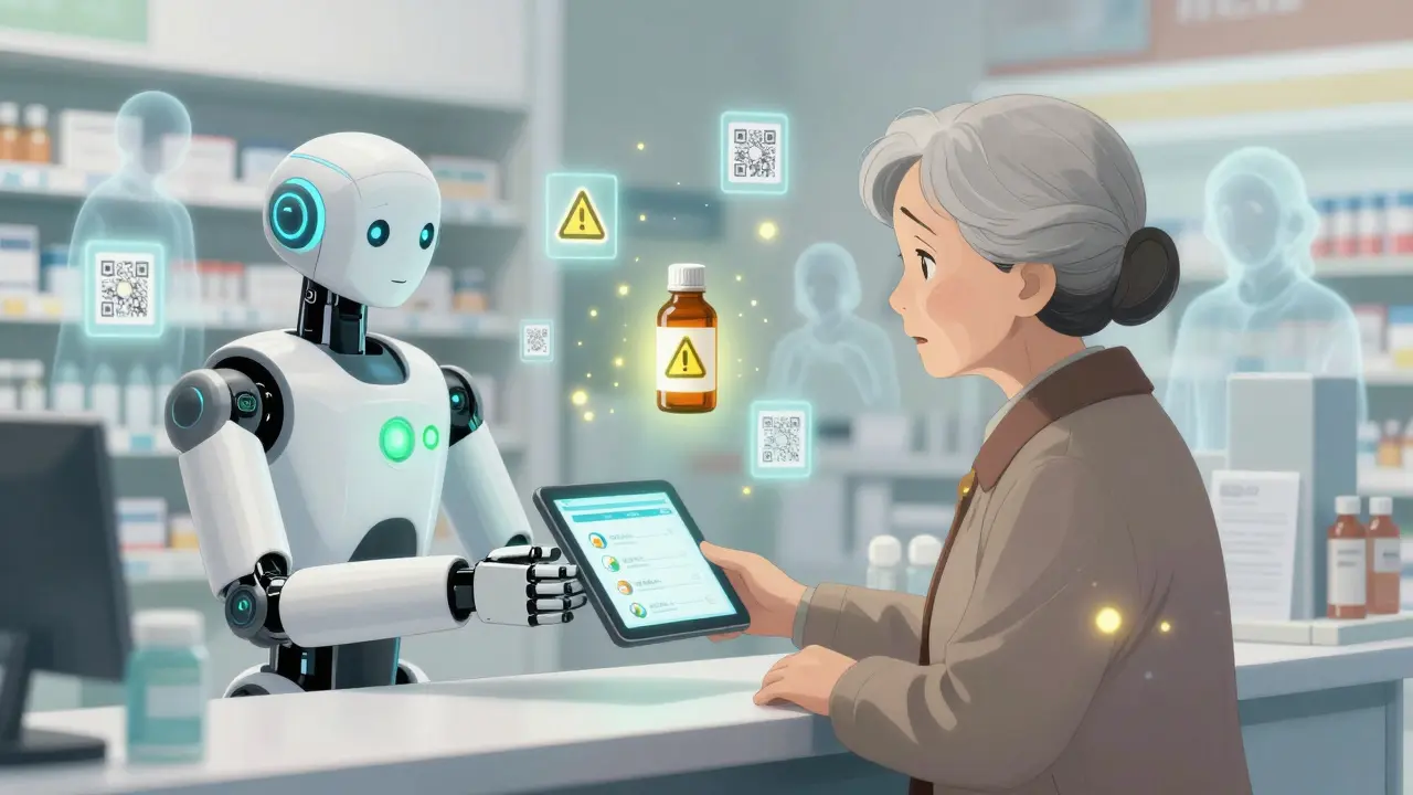 An elderly woman receives a drug safety alert from a robotic pharmacist, with floating medication warnings in the background.
