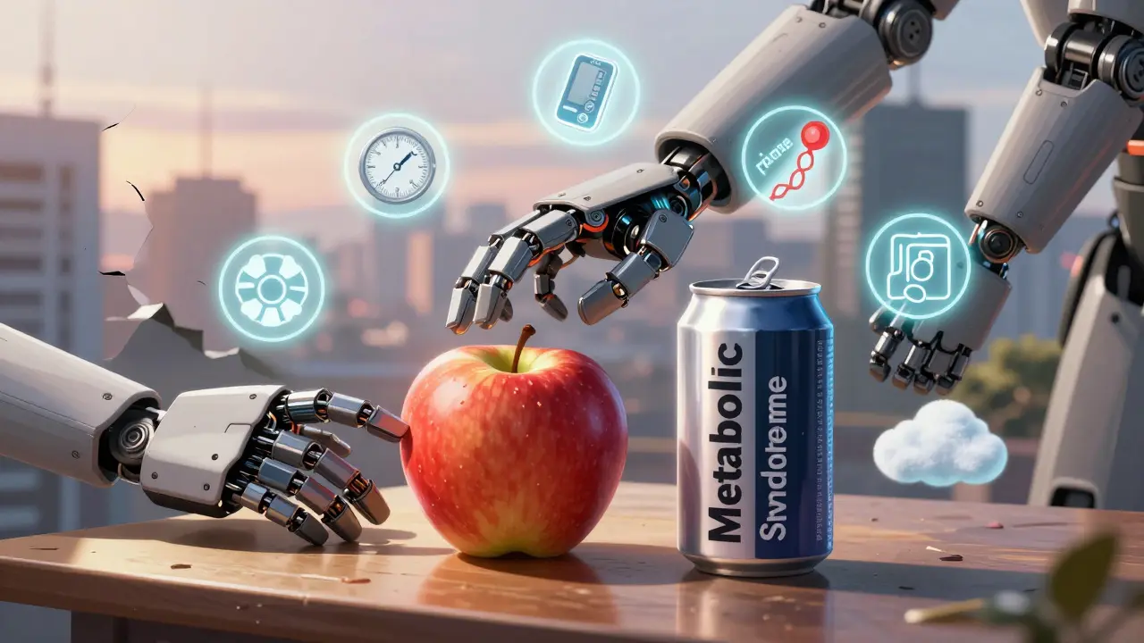 Apple beside a soda can turning into a bomb, surrounded by five glowing metabolic syndrome warning icons.