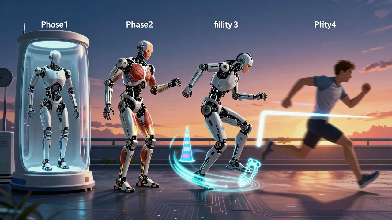 Athlete progressing through four rehabilitation phases with exoskeleton assistance