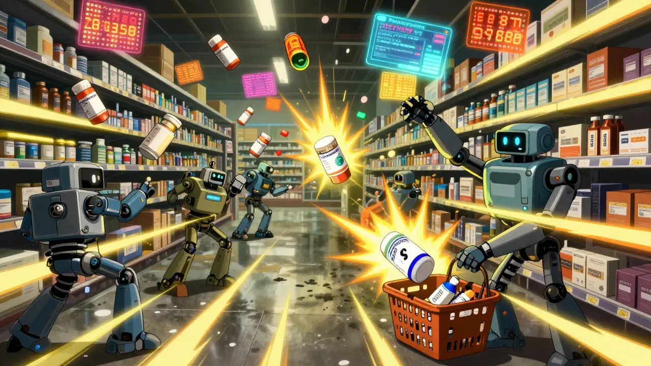 Chaos in a U.S. pharmacy as robotic dispensers compete to lower generic drug prices.