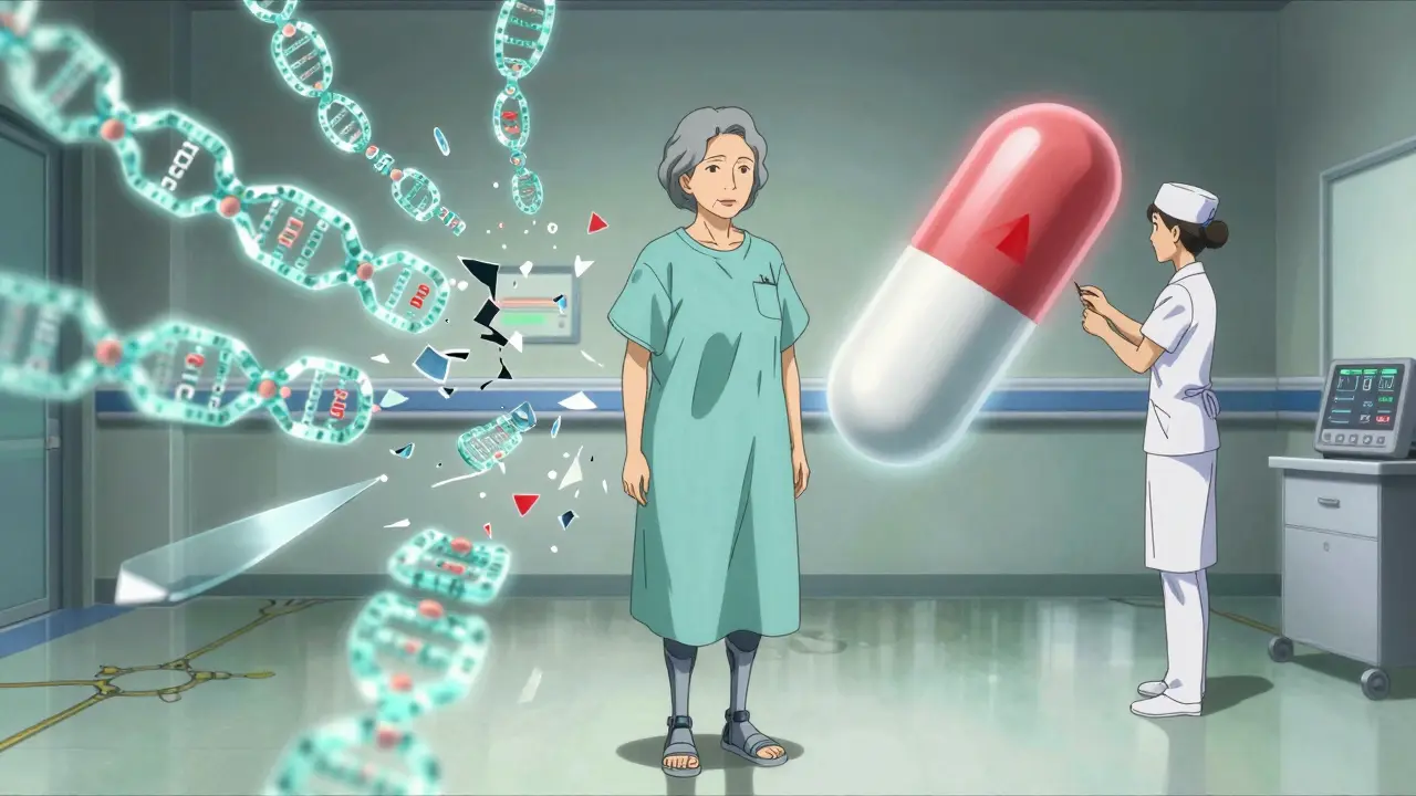 Elderly woman surrounded by shattering genetic code as warfarin dosage adjusts digitally.