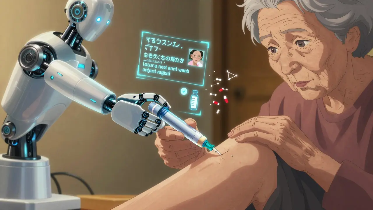 Elderly woman uses an insulin pen with a robotic arm projecting precise instructions in multiple languages.