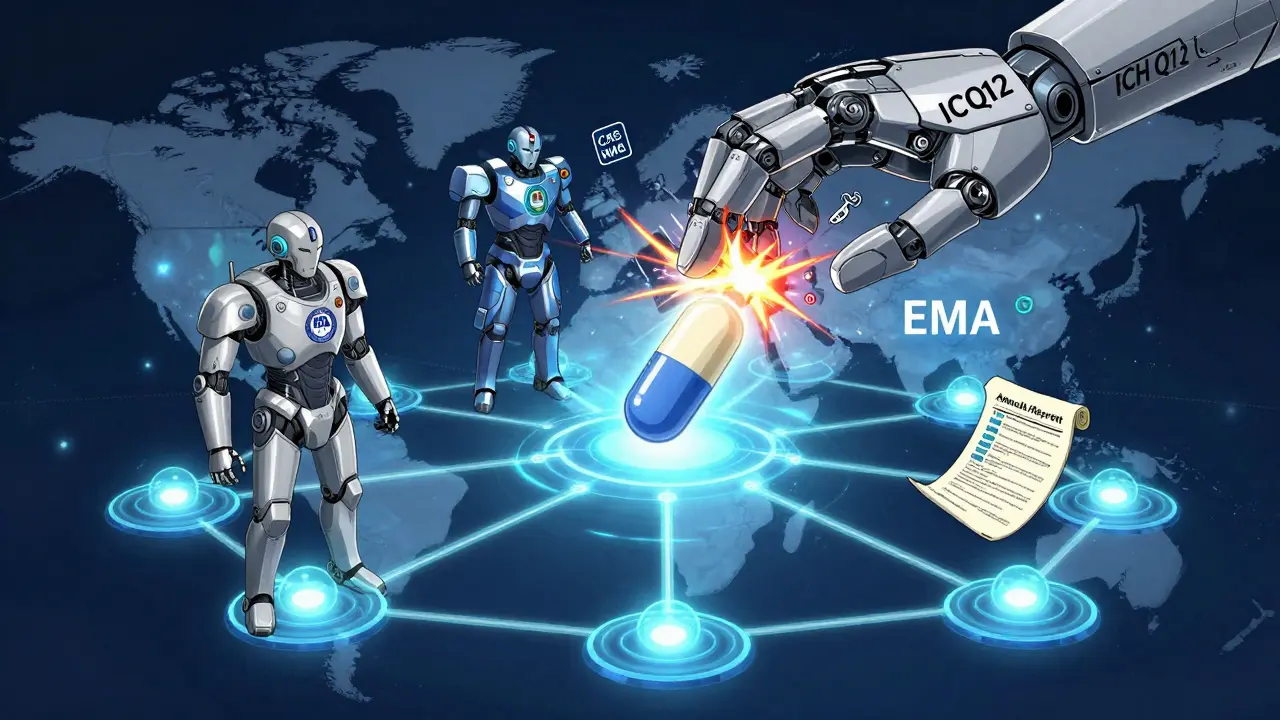 Global regulatory network with guardians holding compliance seals around a floating drug tablet.