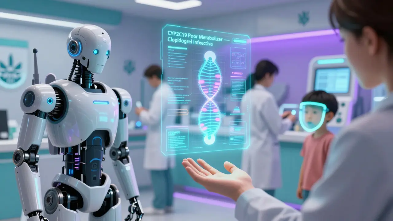 Holographic gene map alerts pharmacist about ineffective clopidogrel due to genetic variant.