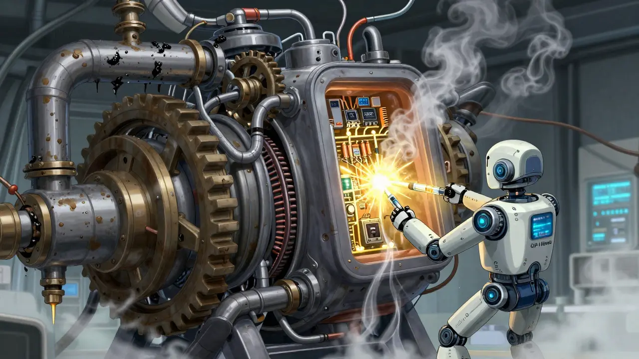 Metabolic engine with clogged pipelines being restored by a GLP-1 Mimetic robot.