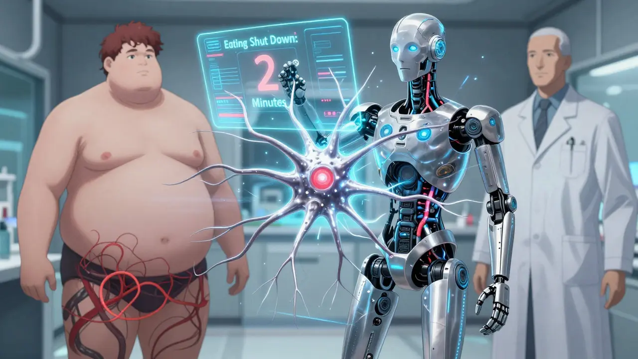 New neuron cluster activated to shut down eating, with holographic data display.